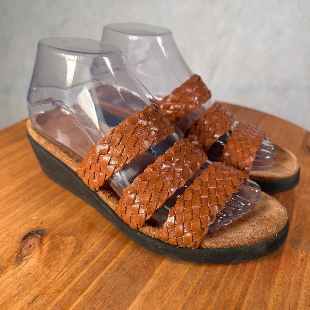 Rockport Woven Leather Wedge Sandals Womens 7.5M Brown Good W9841 Slides